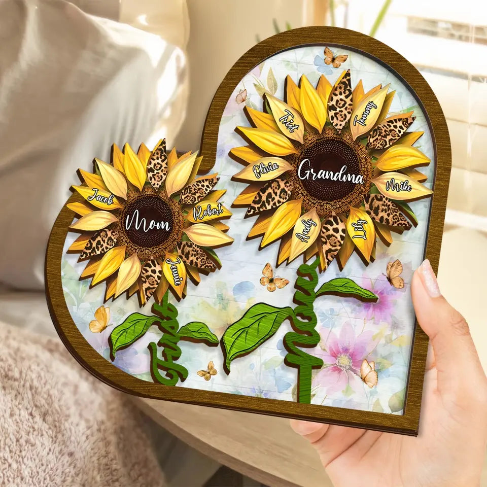 Personalized First Mom Now Grandma Sunflower 2 Layered Wooden Art - Up to 15 Kids And 15 Grandkids - Mother's Day Gift Idea For Grandma/Mom