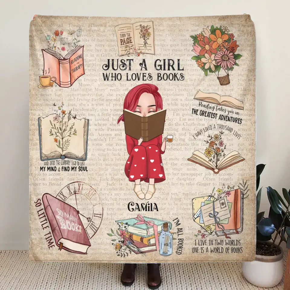 Personalized Reading Girl Quilt/Fleece Throw Blanket/Pillow Cover - Gift Idea For Book Lover - Just A Girl Who Loves Books