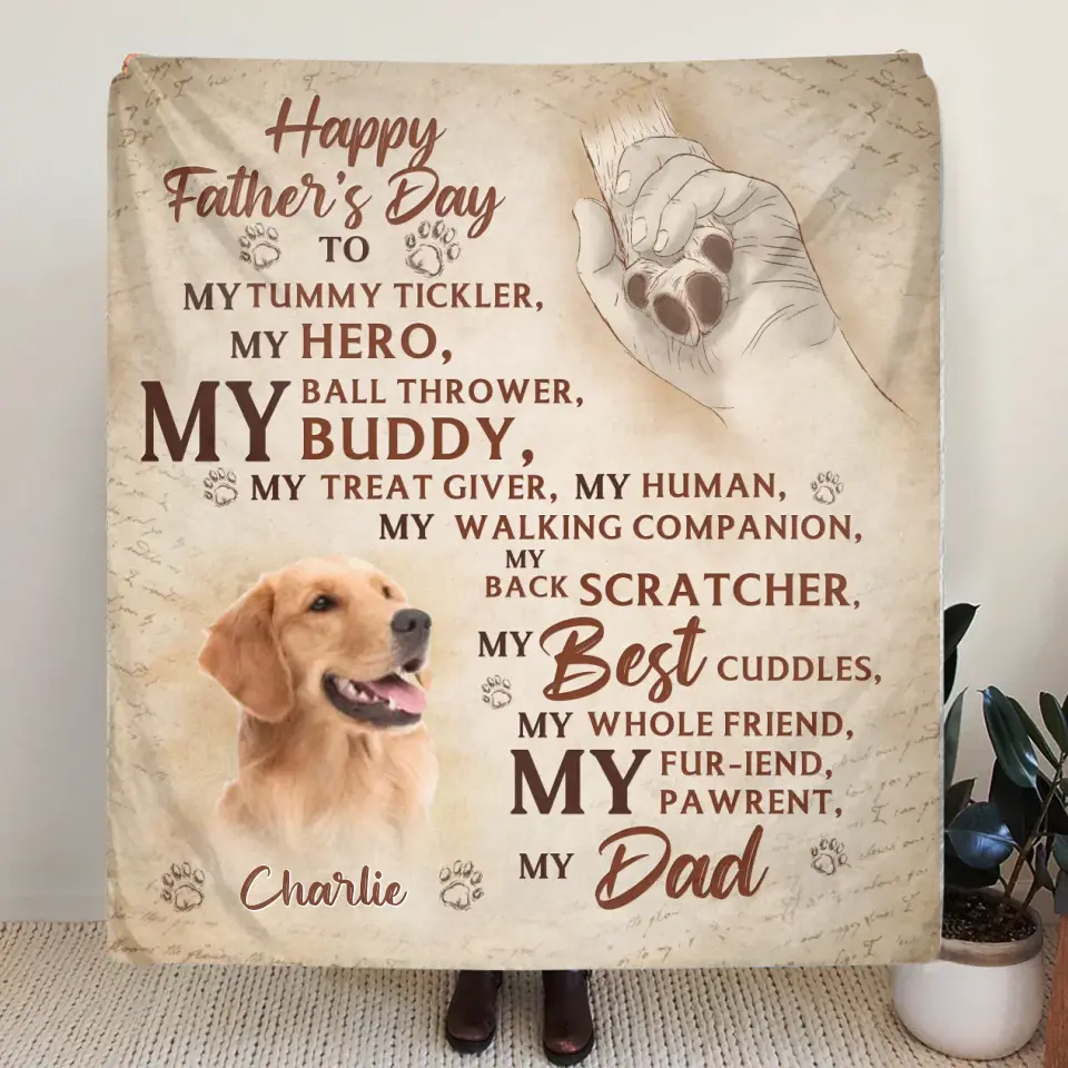 Personalized Father's Day Fleece Throw Blanket - Gift Idea For Dog Owner - Upload Dog Photo - Happy Father's Day To My Hero