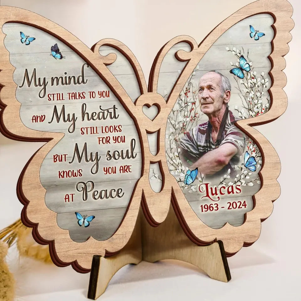 Personalized Memorial Butterfly 2 Layered Wooden Art - Upload Photo - Gift Idea For Family Member/Father's Day/Mother's Day - My Mind Still Talks To You