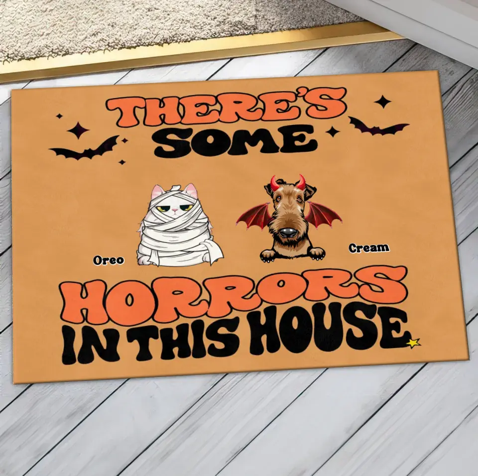 Personalized Halloween Pets Doormat - Gift Idea For Family/Pet Lover - Up to 7 Dogs/Cats - There's Some Horrors In This House