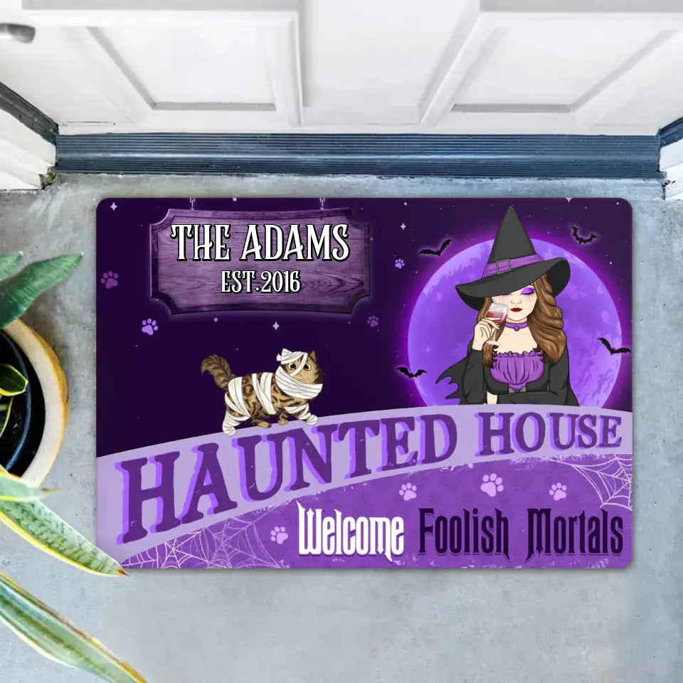 Personalized Witch Cat Doormat - Halloween Gift Idea For Family/Cat Lover - Up to 6 Cats - Haunted House Welcome Foolish Mortals