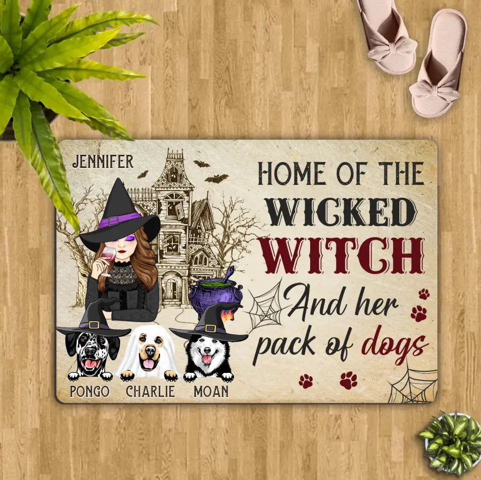 Custom Personalized Witch Dog Doormat - Gift Idea For Witch/ Halloween/ Dog Lovers with up to 3 Dogs - Home Of The Wicked Witch And Her Pack Of Dogs