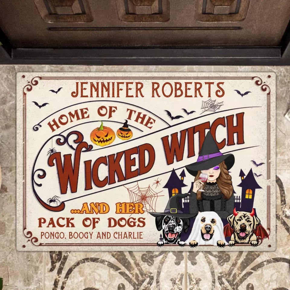 Personalized Witch Dog Doormat - Halloween Gift Idea For Witch/Dog Lovers With Up To 3 Dogs - Home Of The Wicked Witch And Her Pack Of Dogs