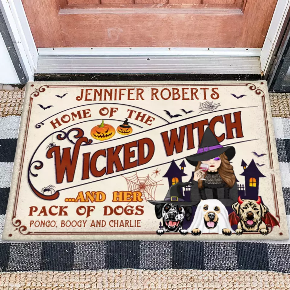 Personalized Witch Dog Doormat - Halloween Gift Idea For Witch/Dog Lovers With Up To 3 Dogs - Home Of The Wicked Witch And Her Pack Of Dogs