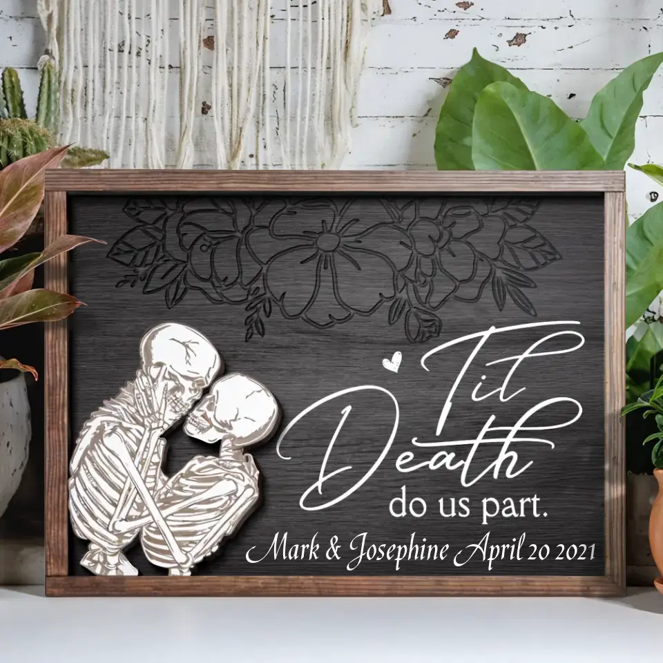 Personalized Skull Couple 2 Layered Wooden Art - Halloween/Anniversary Gift To Couple - Til Death Do Us Part