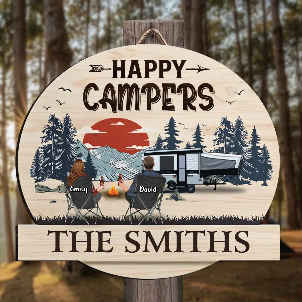 Personalized Camping Wooden Sign - Couple/Parents with Up to 2 Children & 3 Pets -  Camping Lovers Gift - Happy Campers