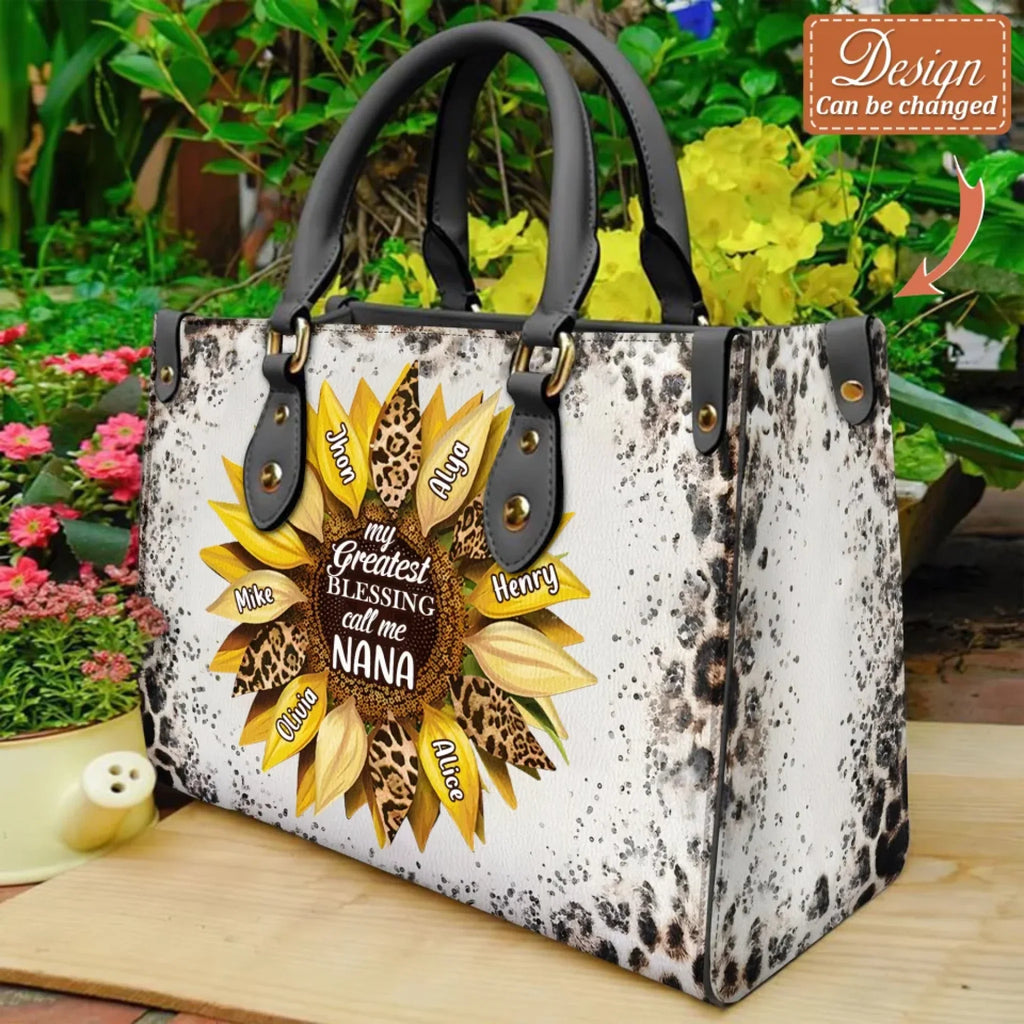 Custom Grandma Leather Handbag With Long Straps - Mother's Day Gift Idea To Mom/ Grandma - My Greatest Blessing Call Me Nana