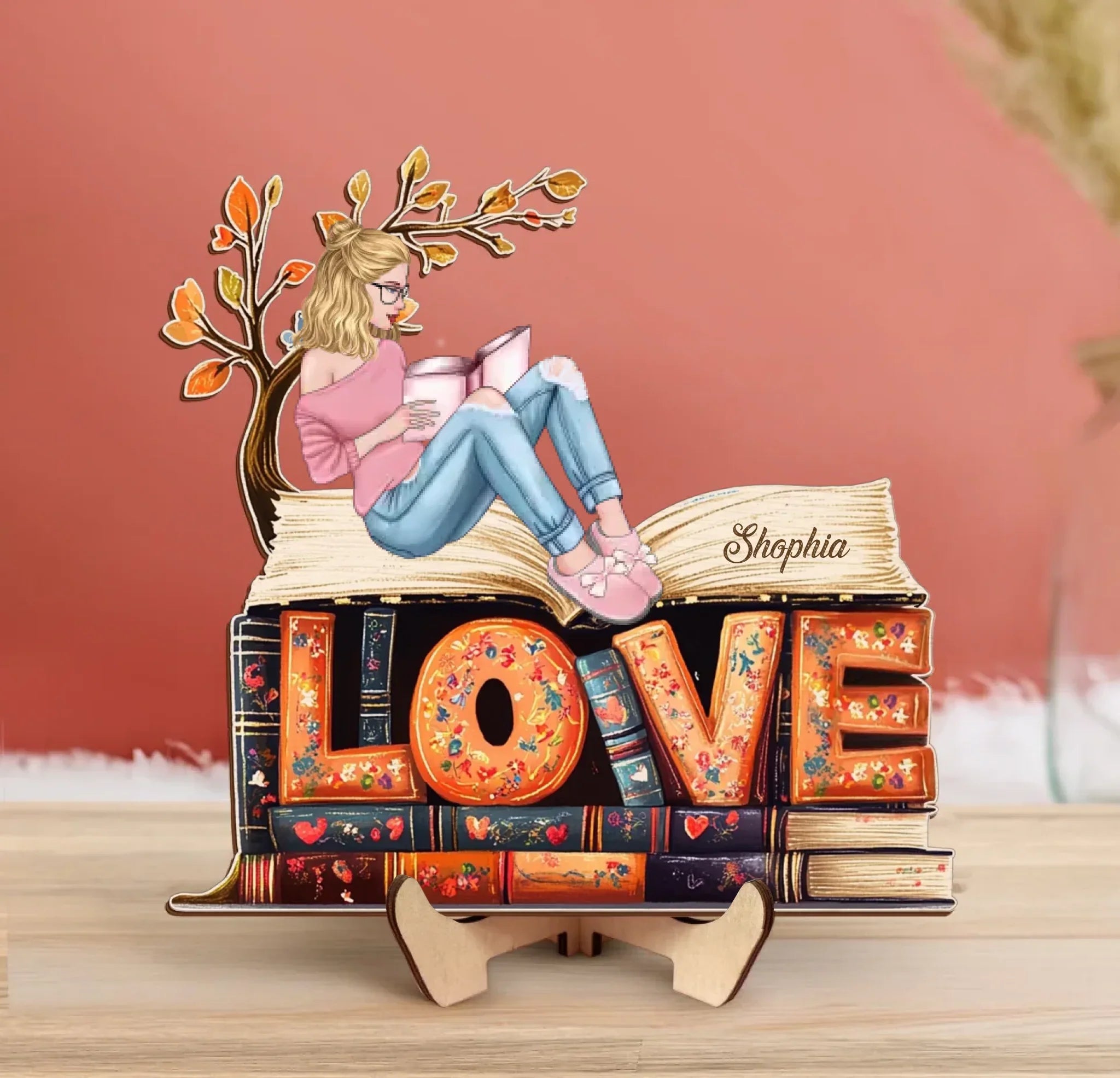 Personalized Reading Girl Wooden Art - Gift Idea For Book Lover - I Love Book