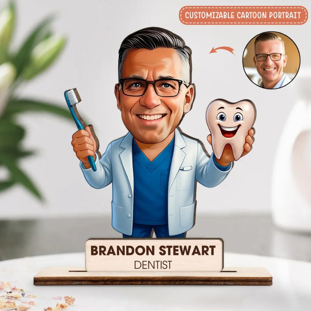 Personalized Dentist Cartoon Portrait Desk Name Plate - Dentist Wooden Plaque - Upload Photo - Gift Idea For Dentist