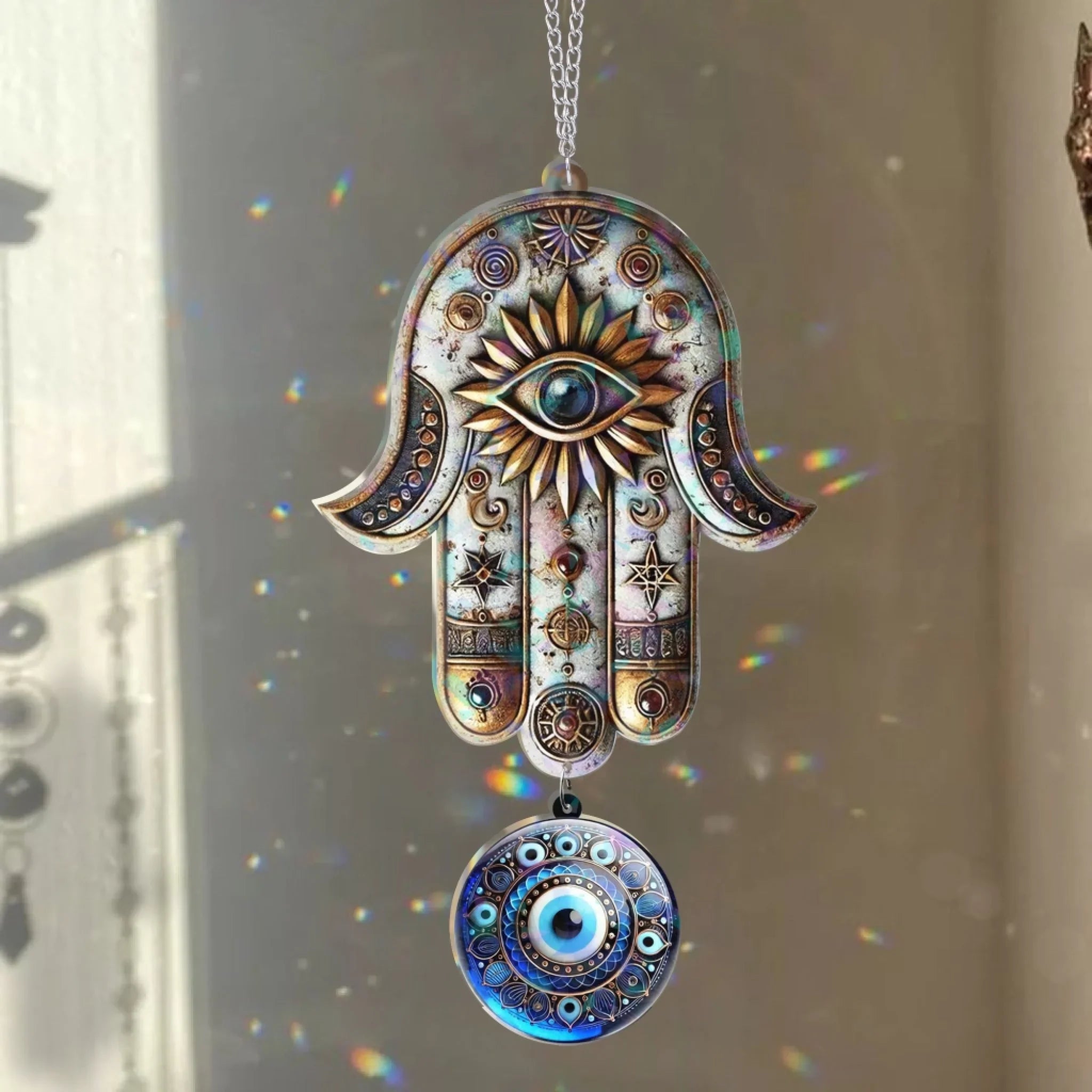 Custom Hamsan Hand Third Eye Hologram Window Decor With Hanging Piece