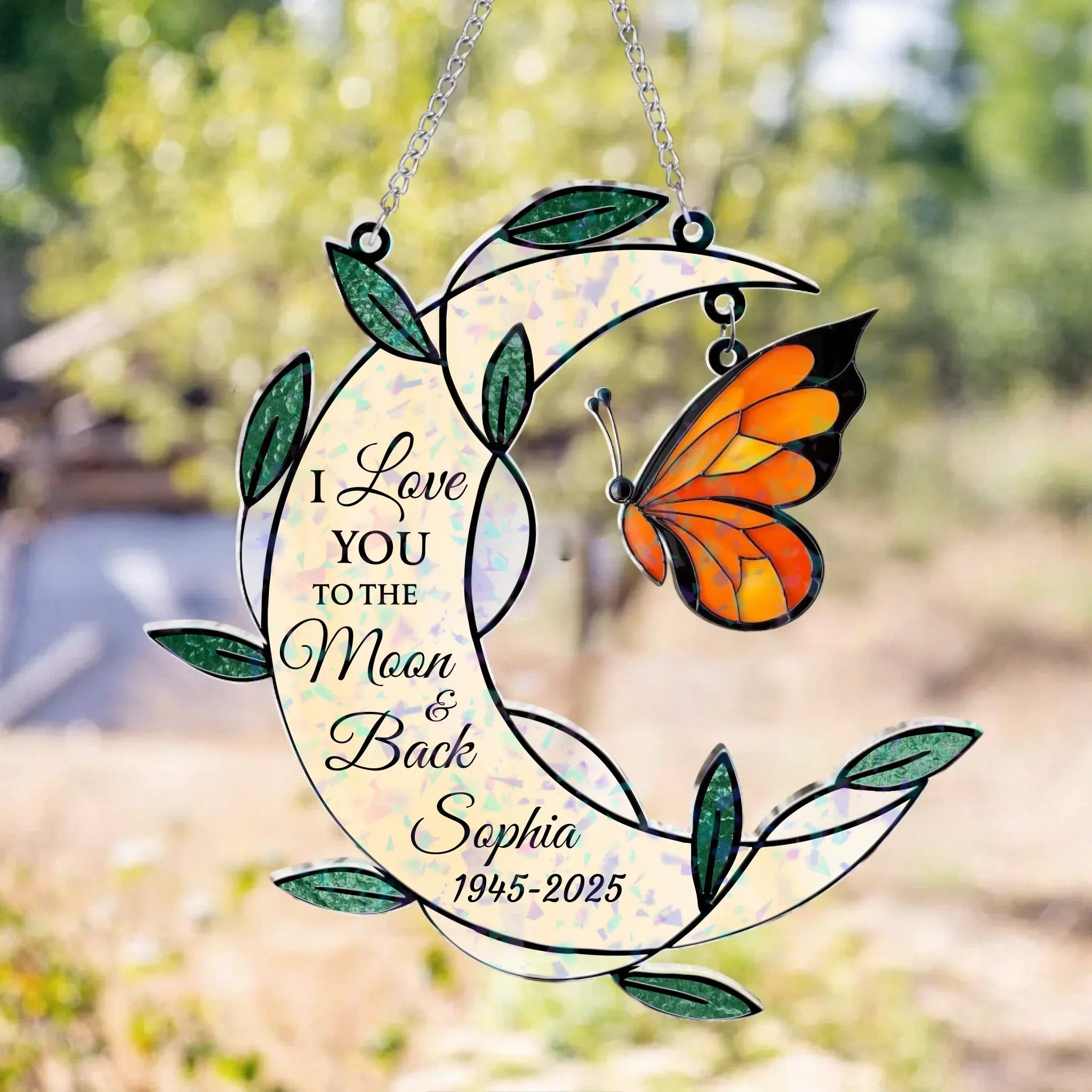 Personalized Memorial Moon Shape Hologram Window Decor With Hanging Piece - Memorial Gift For Family Members