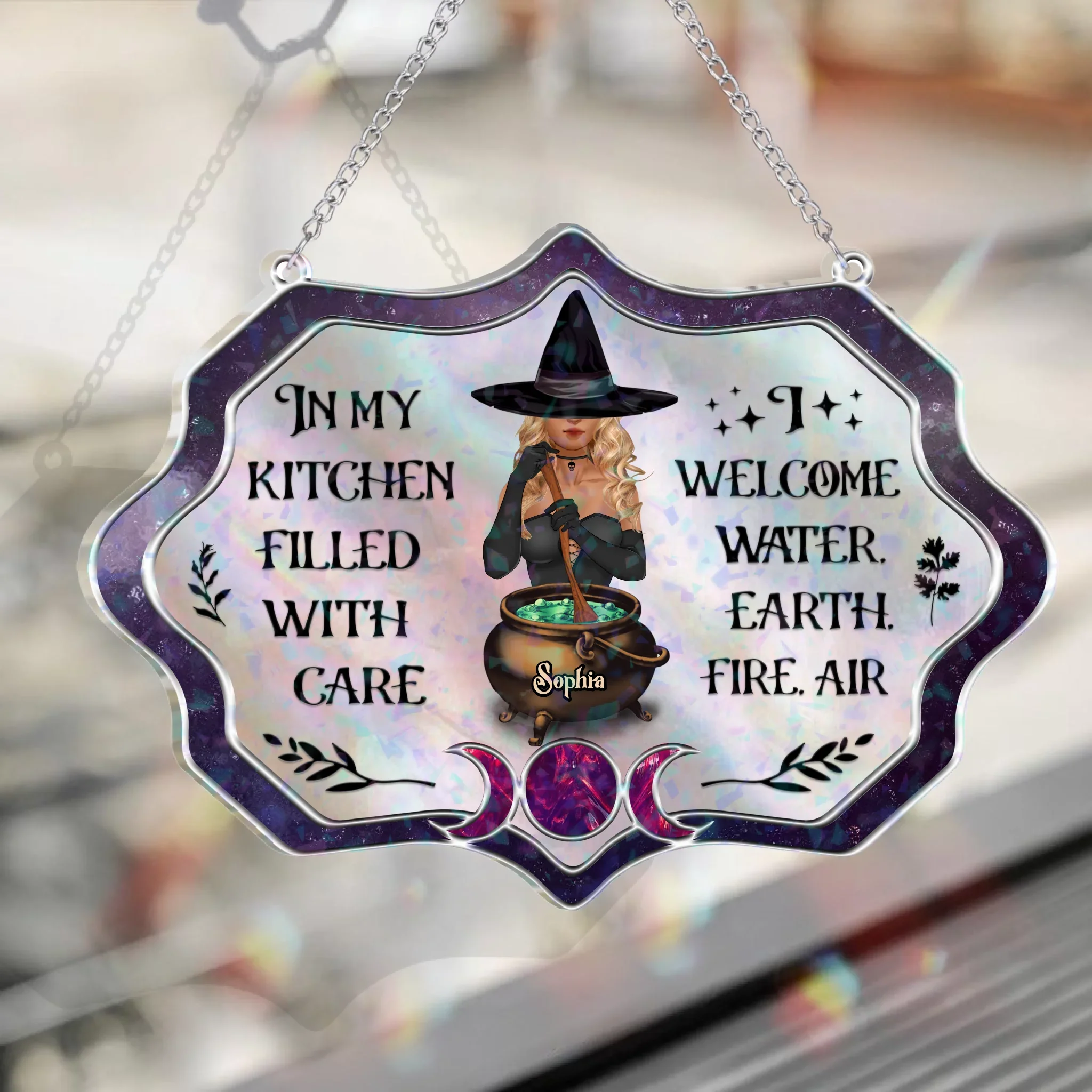 Personalized Witch Acrylic Suncatcher - Gift Idea For Wiccan Decor/Pagan Decor - In My Kitchen Filled With Care I Welcome Water Earth Fire Air