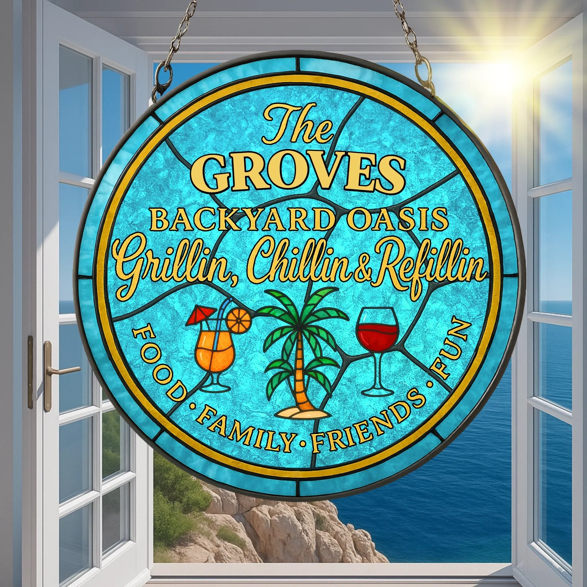 Personalized Patio Backyard Oasis Acrylic Suncatcher - Summer Gift Idea For Family - Food Family Friends Fun