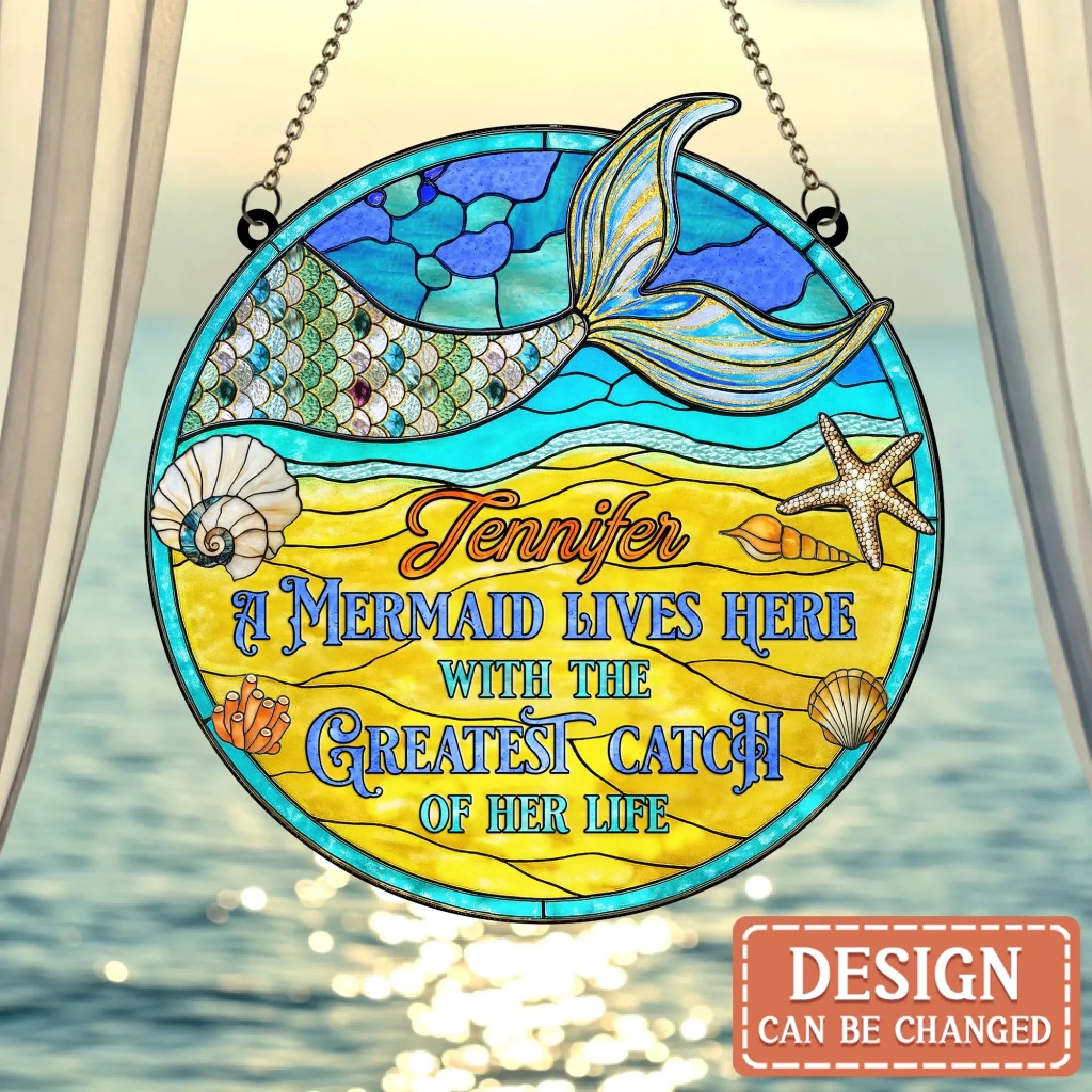 Personalized Mermaid Acrylic Suncatcher - Summer Gift Idea - A Mermaid Lives Here With The Greatest Catch Of Her Life