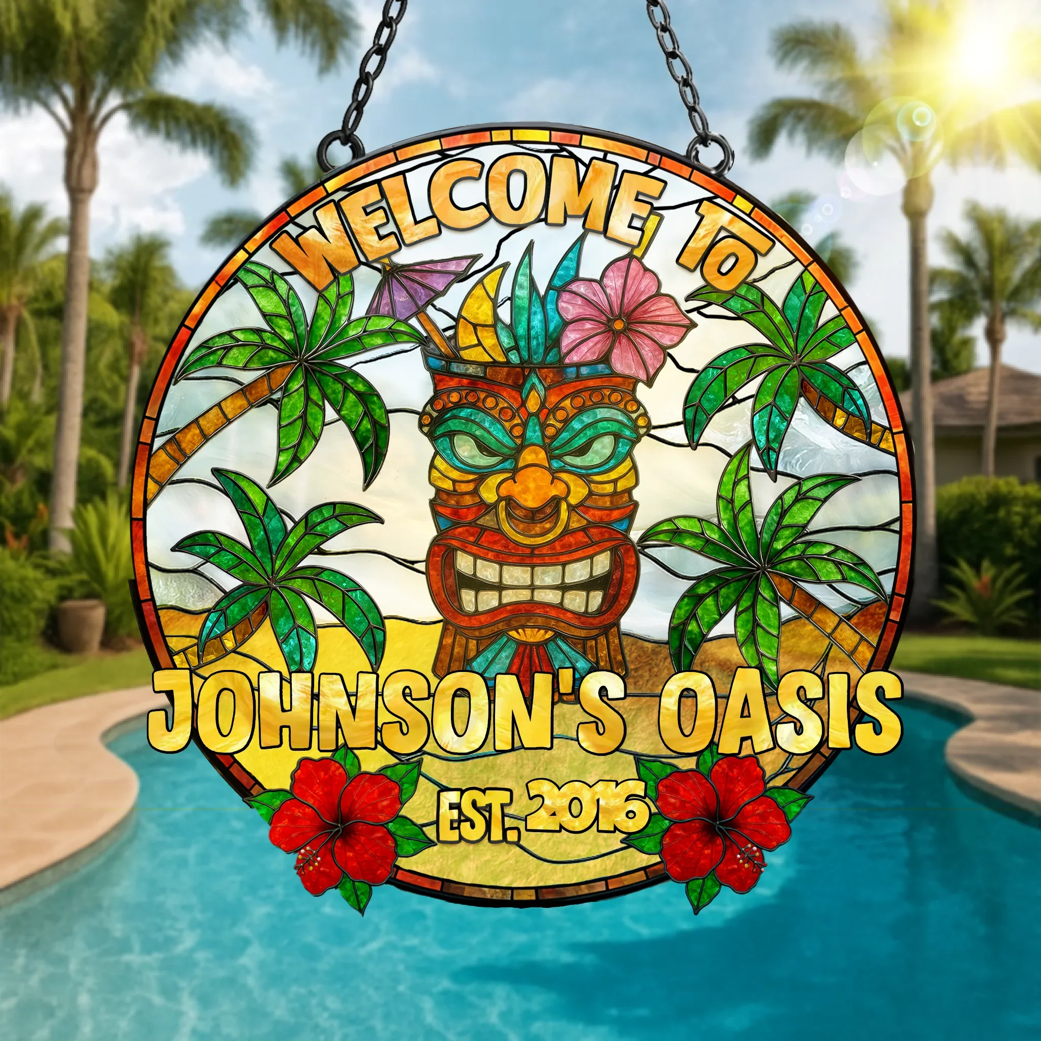 Personalized Oasis Acrylic Suncatcher - Summer Gift Idea - Pool & Bar