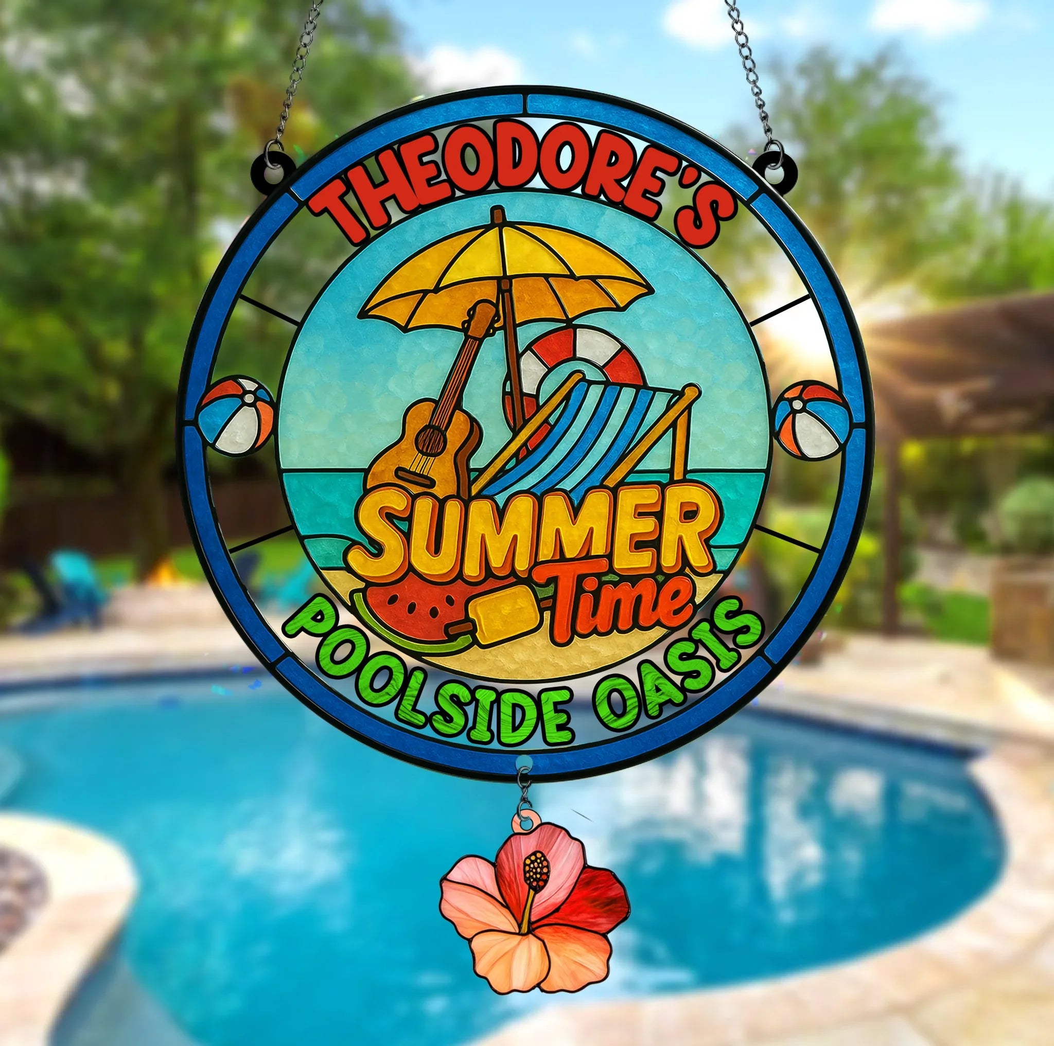 Custom Personalized Poolside Oasis Acrylic Suncatcher - Summer Gift Idea