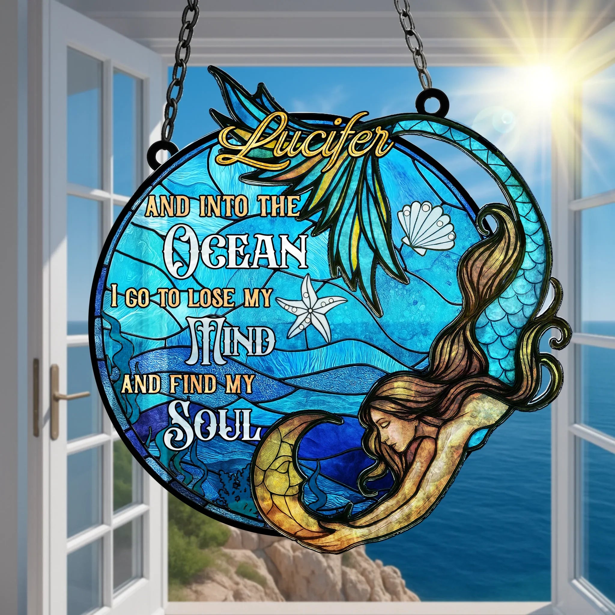 Custom Name Mermaid Acrylic Suncatcher - Mermaid/ Summer Gift Idea For Friend - And Into The Ocean I Go To Lose My Mind And Find My Soul