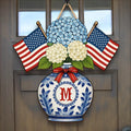 Personalized Patriotic Chinoiserie Blue Hydrangeas Door Hanger - Wooden Sign Gift Idea For Family
