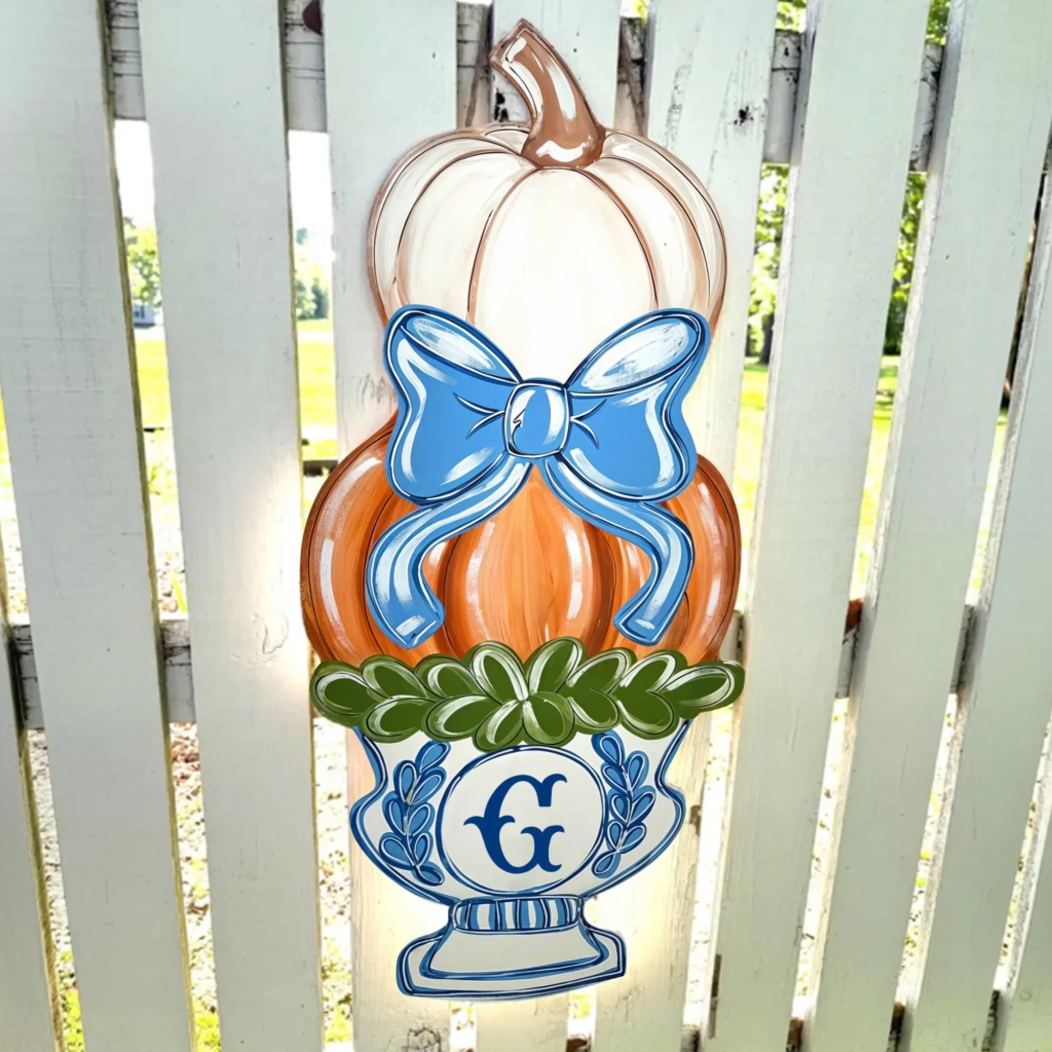 Personalized Chinoiserie Pumpkin Vase Door Hanger - Wooden Sign Gift Idea For Family