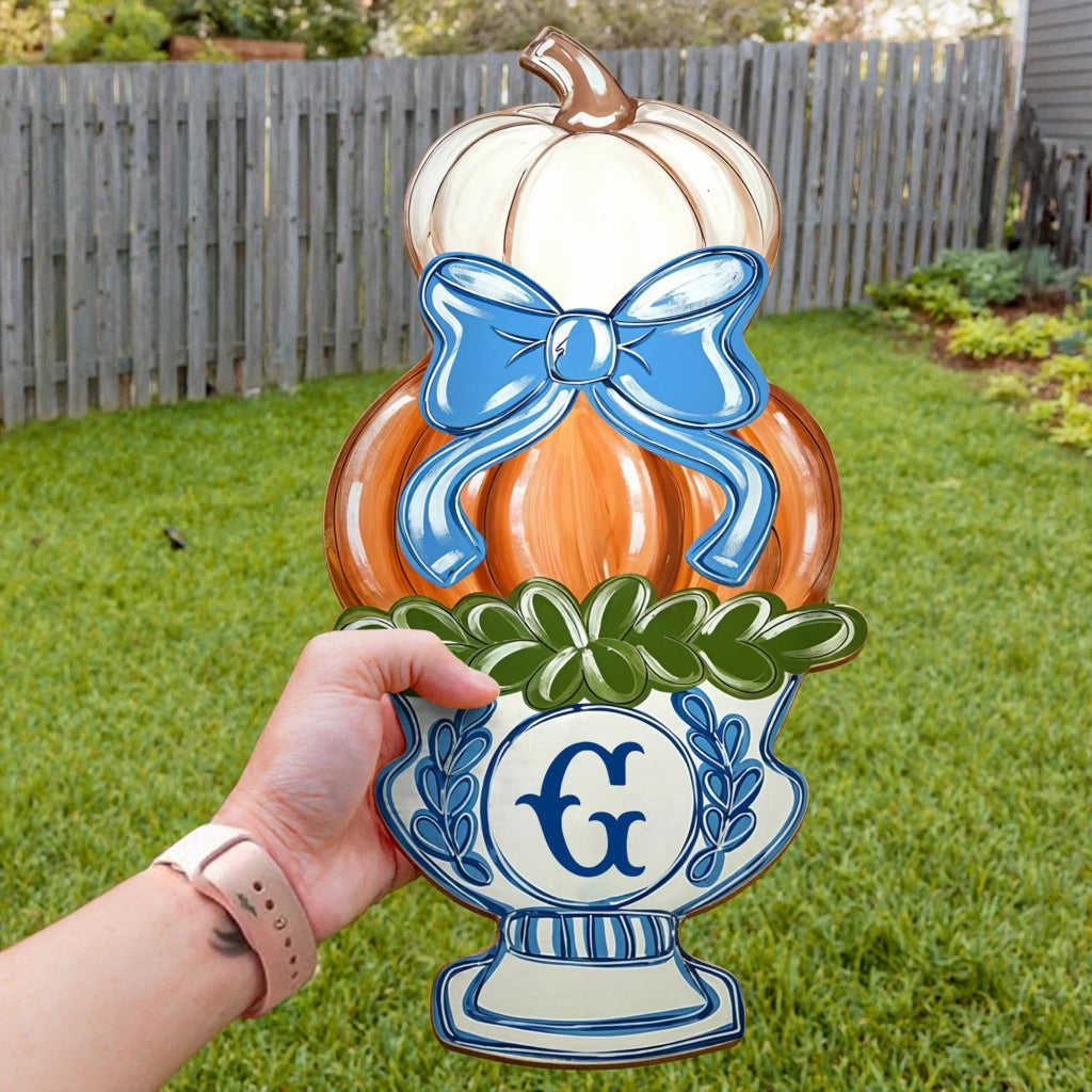 Personalized Chinoiserie Pumpkin Vase Door Hanger - Wooden Sign Gift Idea For Family