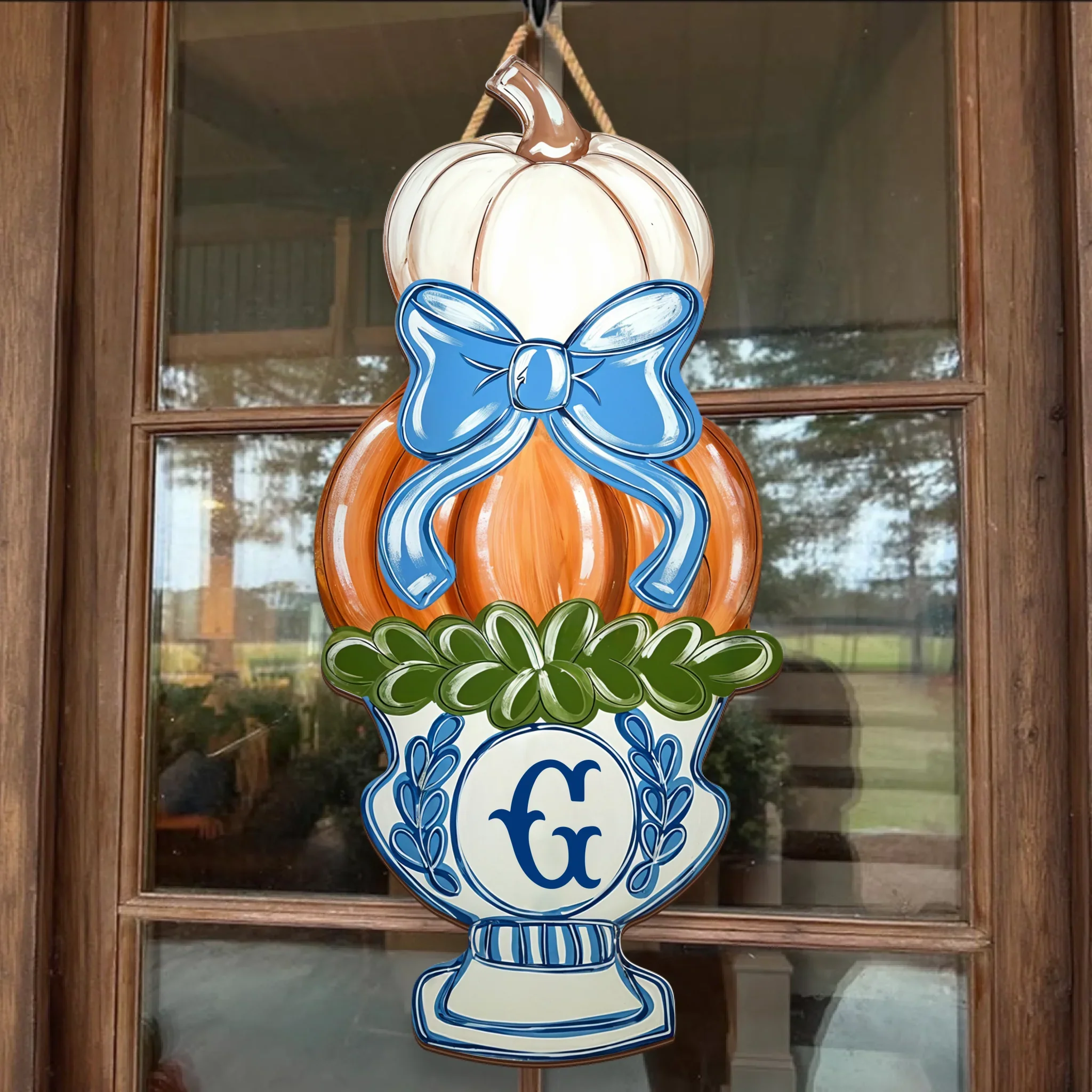 Personalized Chinoiserie Pumpkin Vase Door Hanger - Wooden Sign Gift Idea For Family