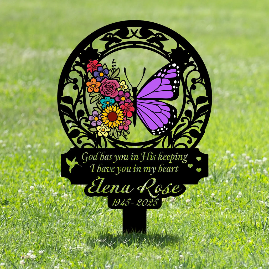 Personalized Memorial Stake Metal Sign - Sympathy Remembrance Gift - God Has You In His Keeping I Have You In My Heart