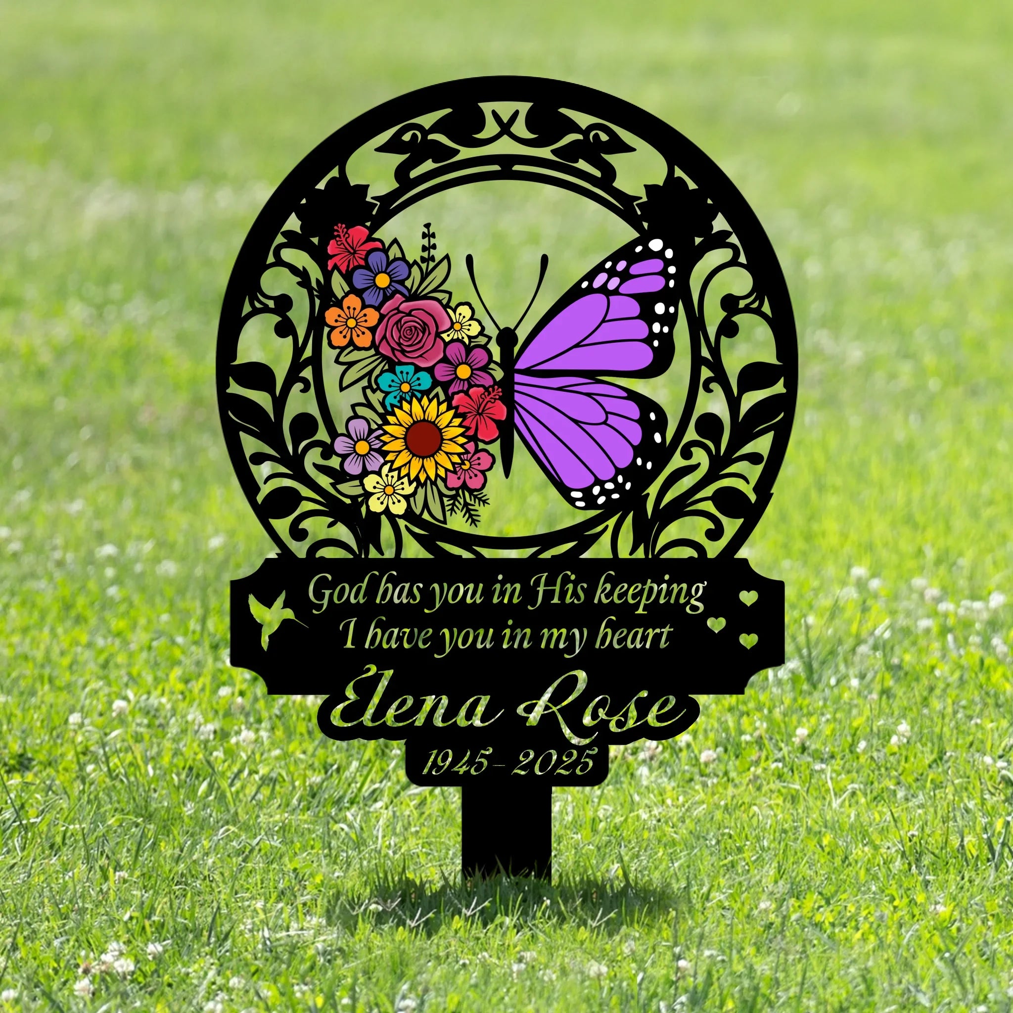 Personalized Memorial Stake Metal Sign - Sympathy Remembrance Gift - God Has You In His Keeping I Have You In My Heart