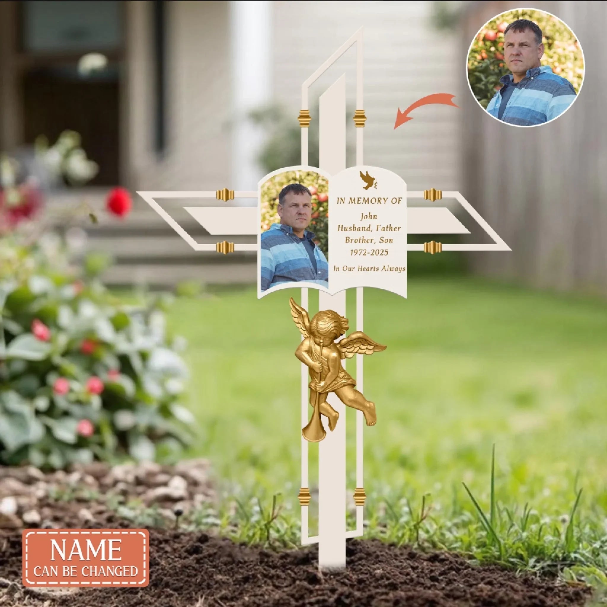 Personalized Memorial Angel Cross Garden Stake Metal Sign - Memorial Gift Idea - Upload Photo - In Memory Of