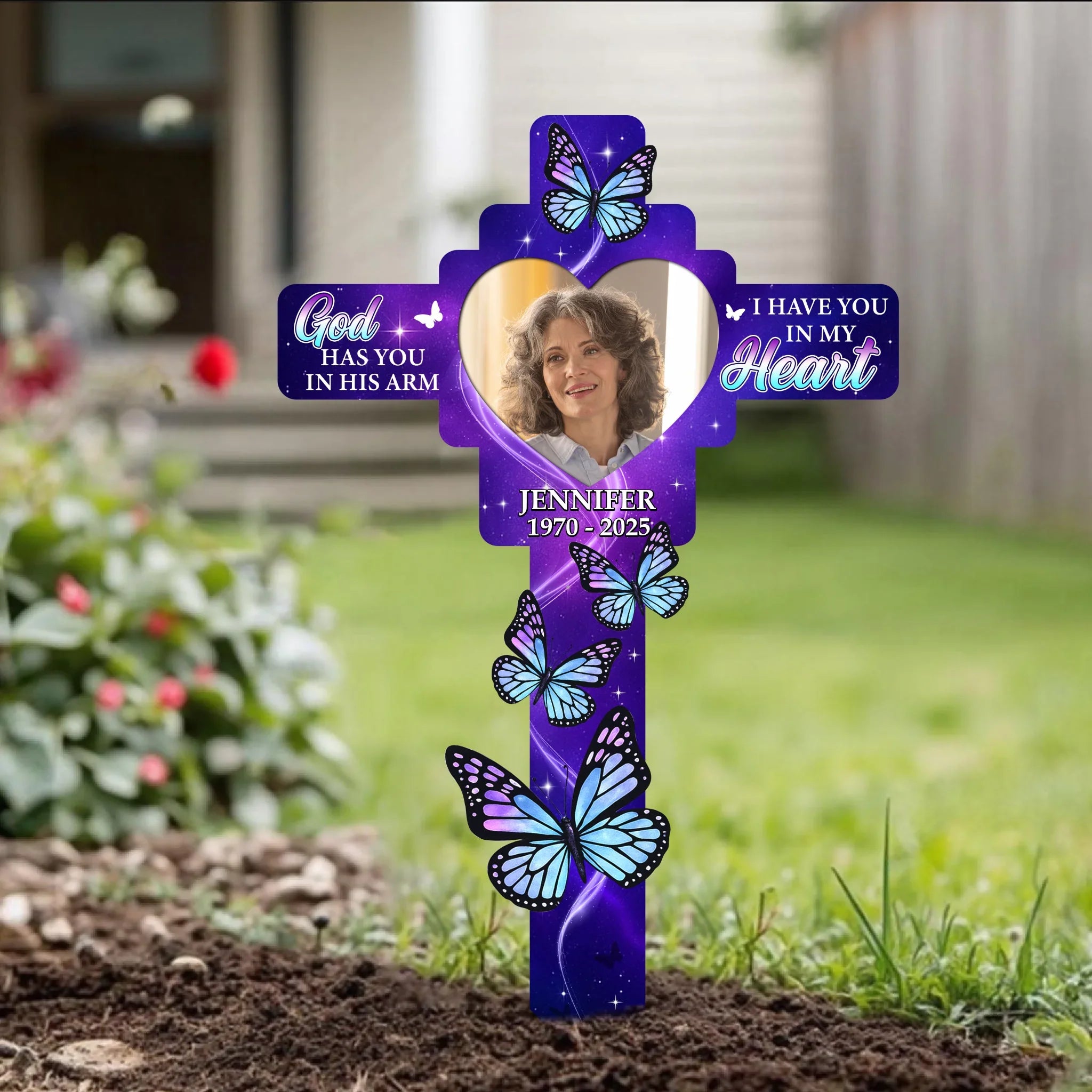 Personalized Memorial Metal Sign - Upload Photo - Memorial Gift Idea - God Has You In His Arm I Have You In My Heart