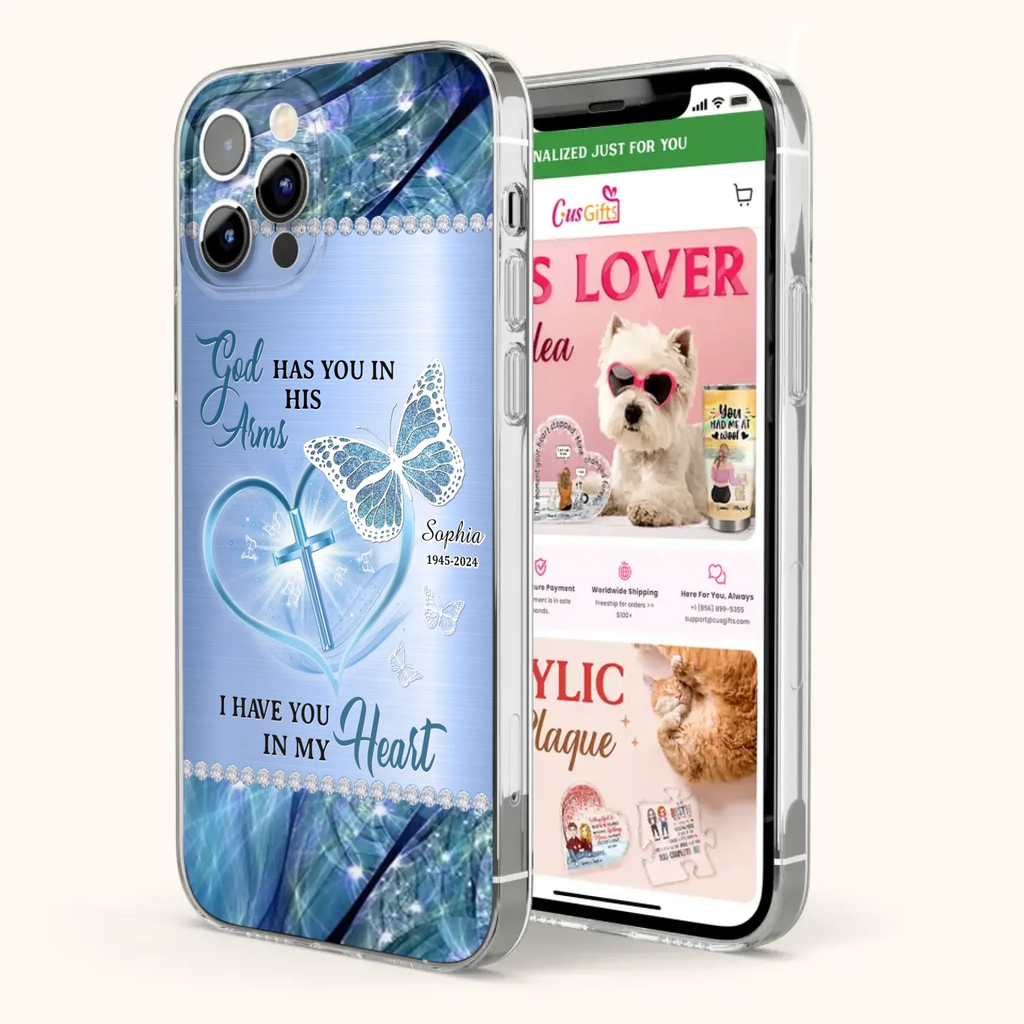 Custom Personalized Memorial Phone Case - Memorial Gift Idea For Family Member - God Has You In His Arms I Have You in My Heart - Case For iPhone/ Samsung