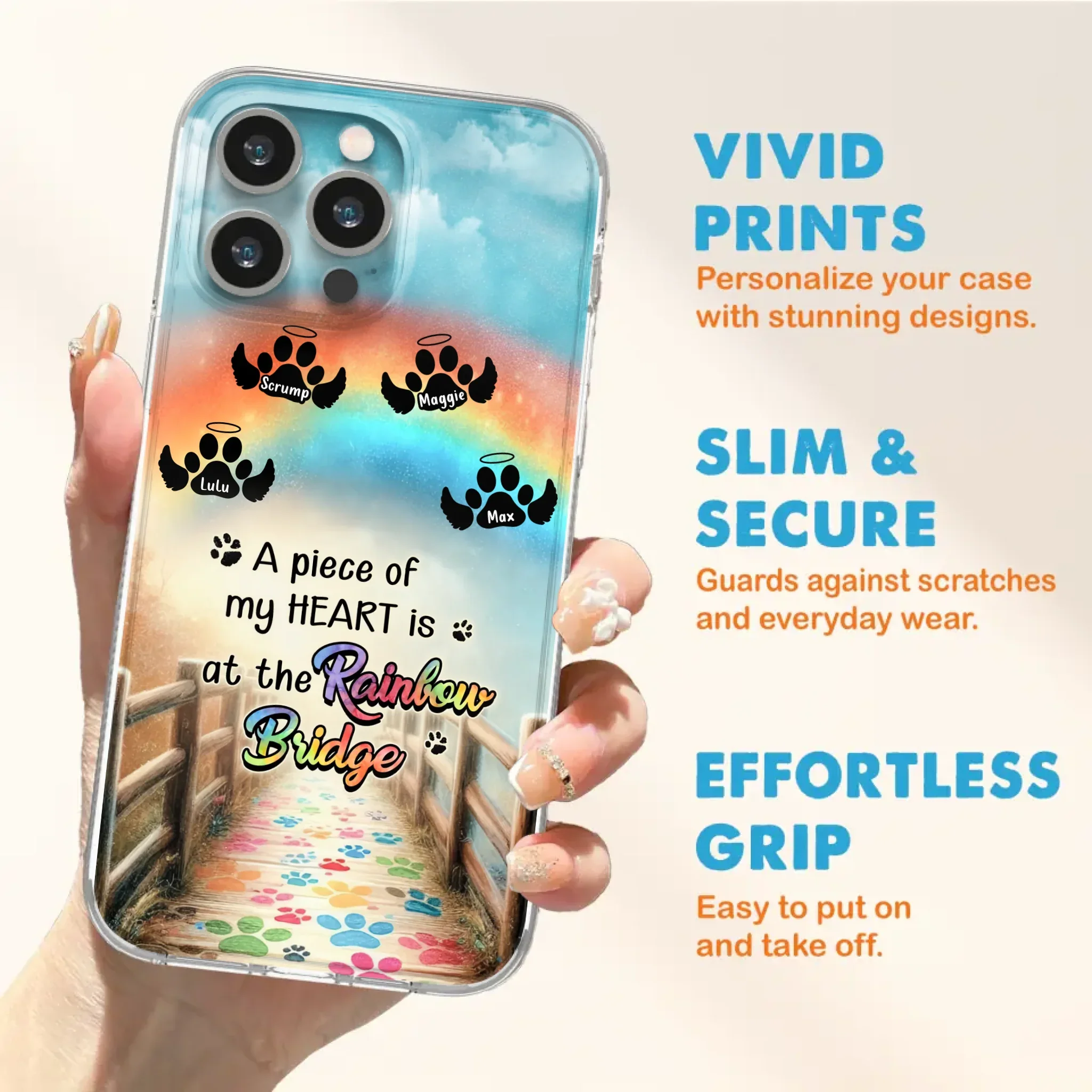 Custom Personalized Rainbow Bridge Memorial Phone Case - Memorial Gift Idea For Dog Lover - Upto 4 Dogs - A Piece Of My Heart Is At The Rainbow Bridge - Case For iPhone/Samsung