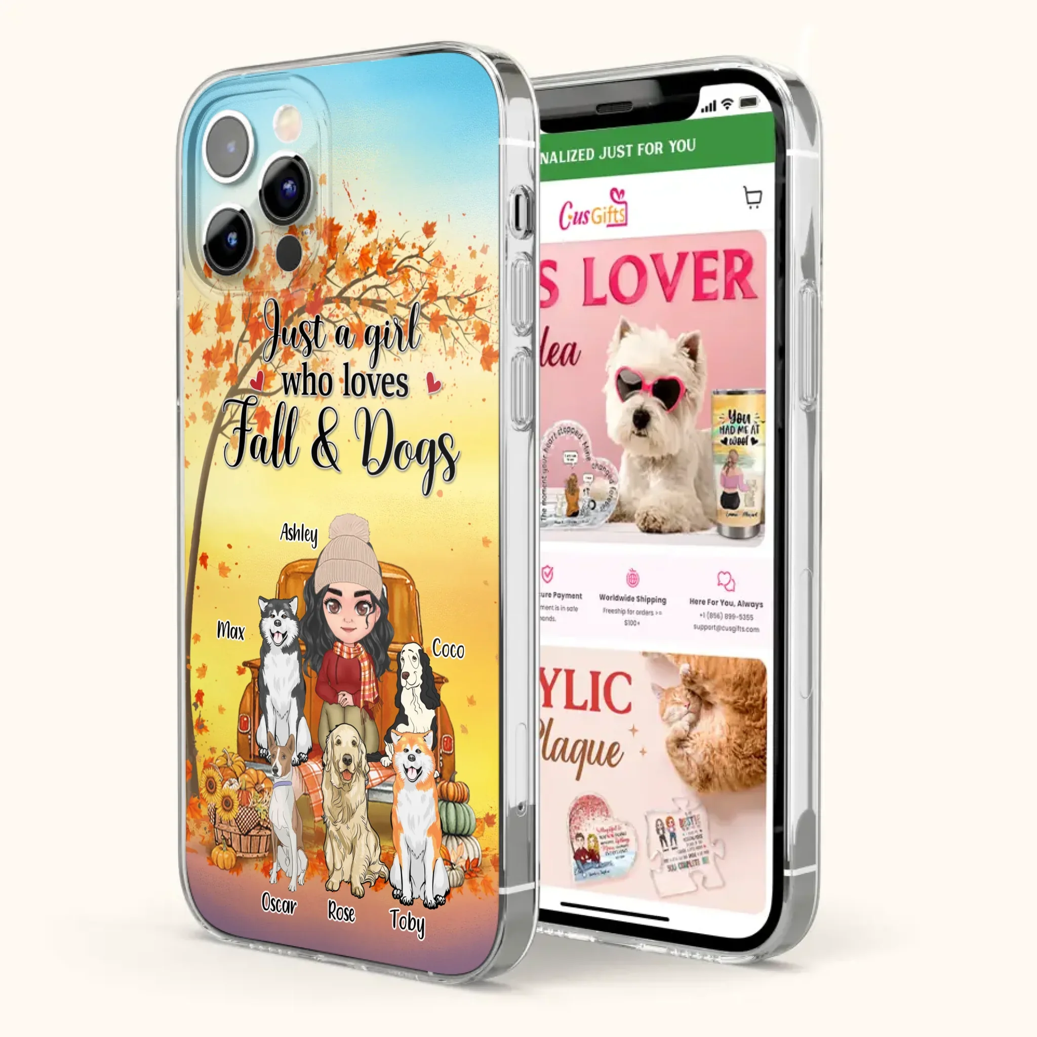 Custom Personalized Dog Mom Fall Season Phone Case - Autumn Gift Idea For Dog Owners - Upto 5 Dogs -  Case For iPhone/Samsung - Just A Girl Who Loves Fall & Dogs
