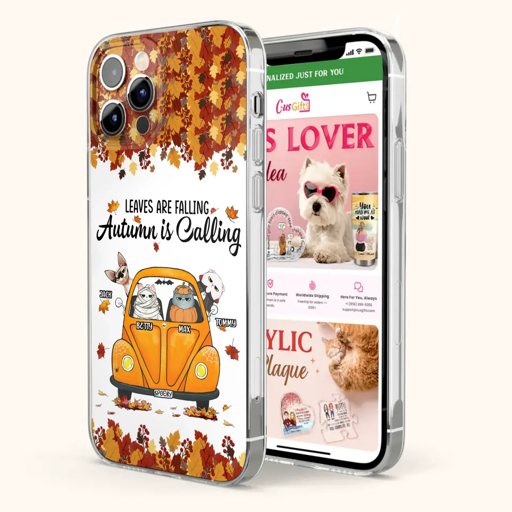 Custom Personalized Pet Phone Case - Gift Idea For Cat/Dog Lovers - Upto 4 Pets -  Case For iPhone/Samsung - Leaves Are Falling Autumn Is Calling