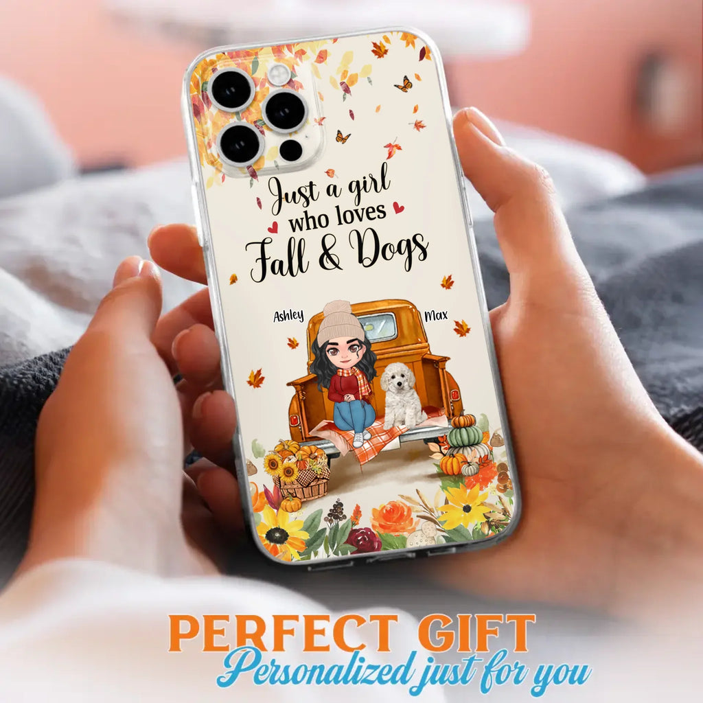 Custom Personalized Dog Mom Autumn Phone Case - Gift Idea For Dog Owners - Upto 5 Dogs -  Case For iPhone/Samsung - Just A Girl Who Loves Fall & Dogs
