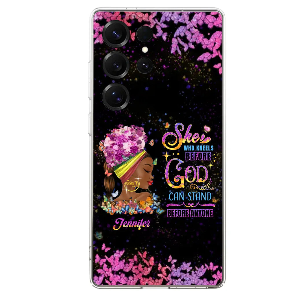 Custom Personalized Black Girl Phone Case - Gift Idea for Birthday/Friends - She Who Kneels Before God Can Stand Before Anyone - Case For iPhone/Samsung