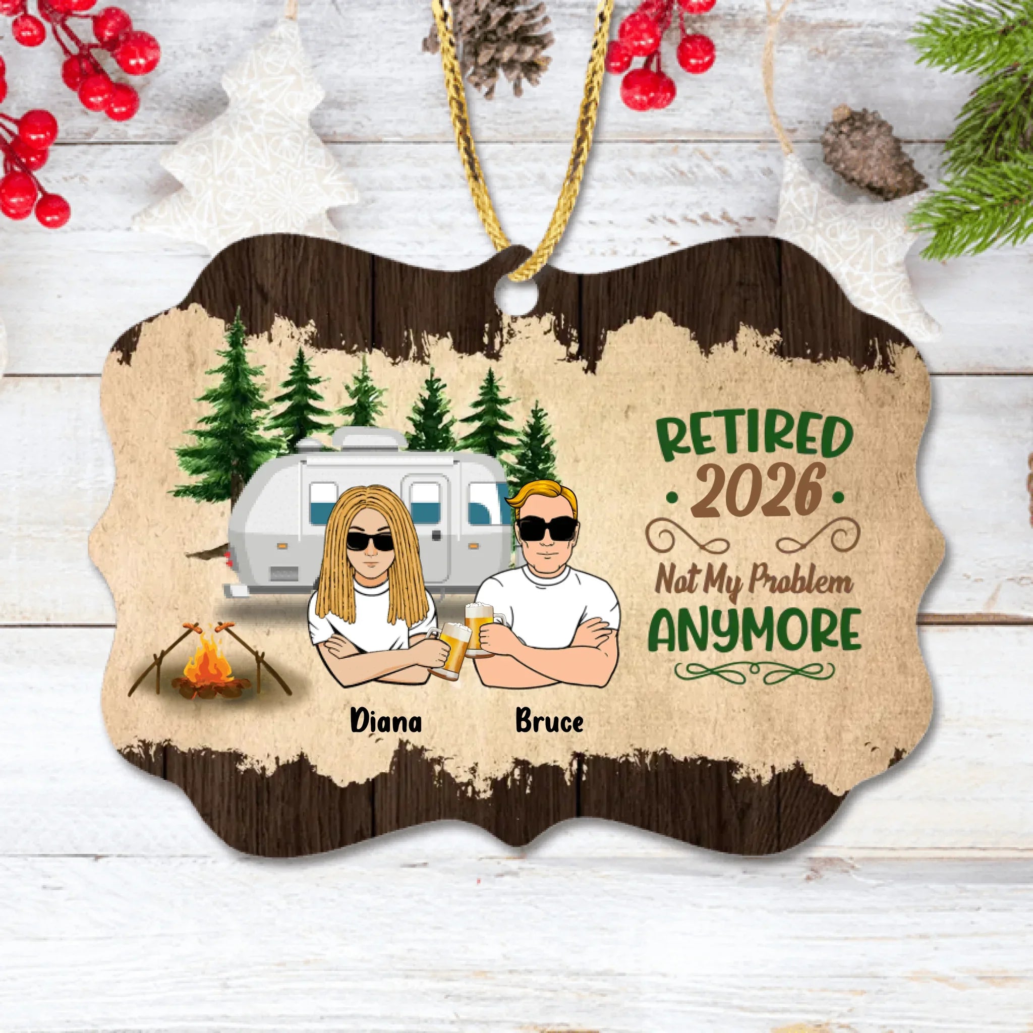 Custom Personalized Couple Rectangle Wooden Ornament - Gift Idea For Couple/Camping Lovers - Retired 2026, Not My Problem Anymore