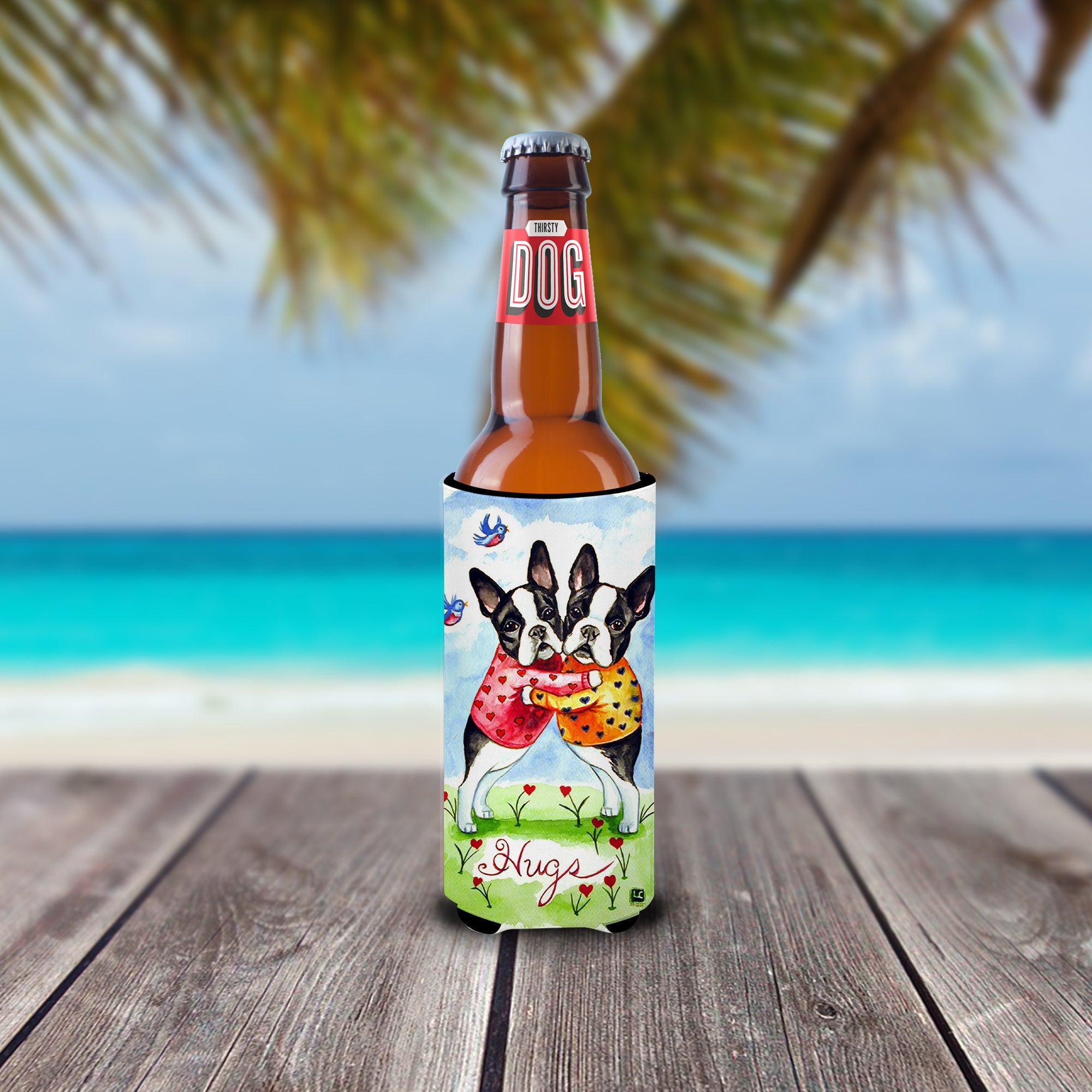 Hugs Boston Terrier Slim Can Hugger , Insulated Foam Hugger for 12 oz Slim Cans, Beer Bottles & Water Bottles, Printed in USA
