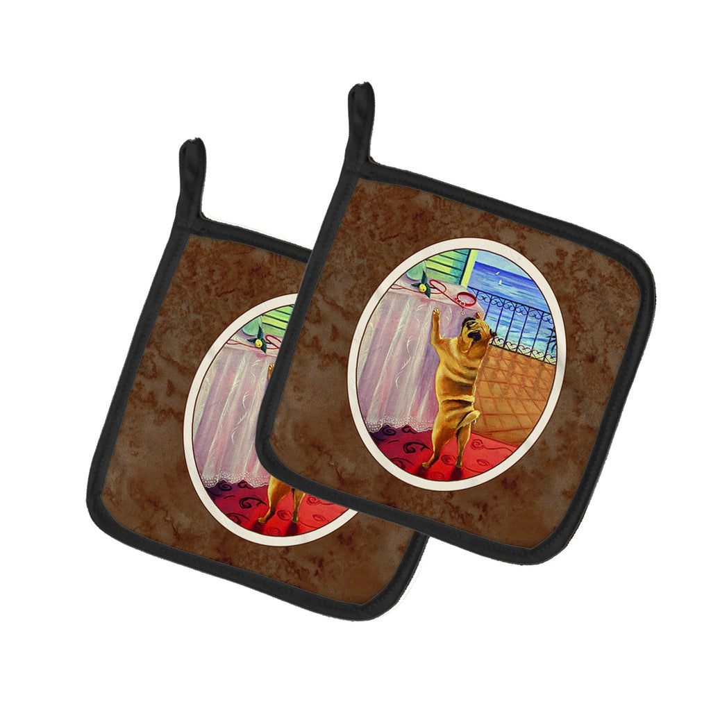 Helping Himself Fawn Pug Pot Holder Set of 2 Heat Resistant Quilted Hot Pads 7.5 x 7.5 Inch, Insulated Kitchen Trivets for Cooking & Baking