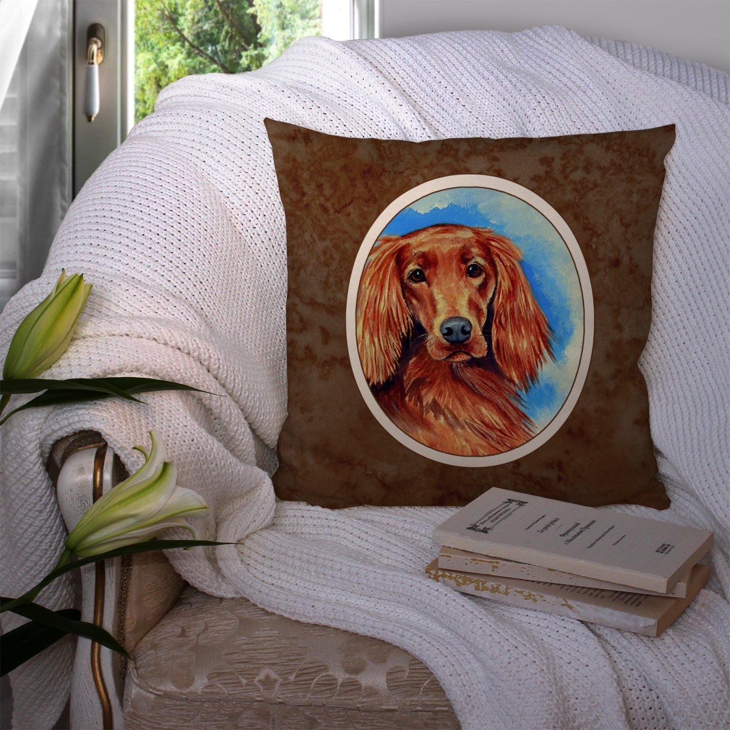 Irish Setter Decorative Throw Pillow 14x14 Indoor Outdoor Accent Cushion, Fabric Cover with Insert for Sofa, Bed, Porch & Living Room