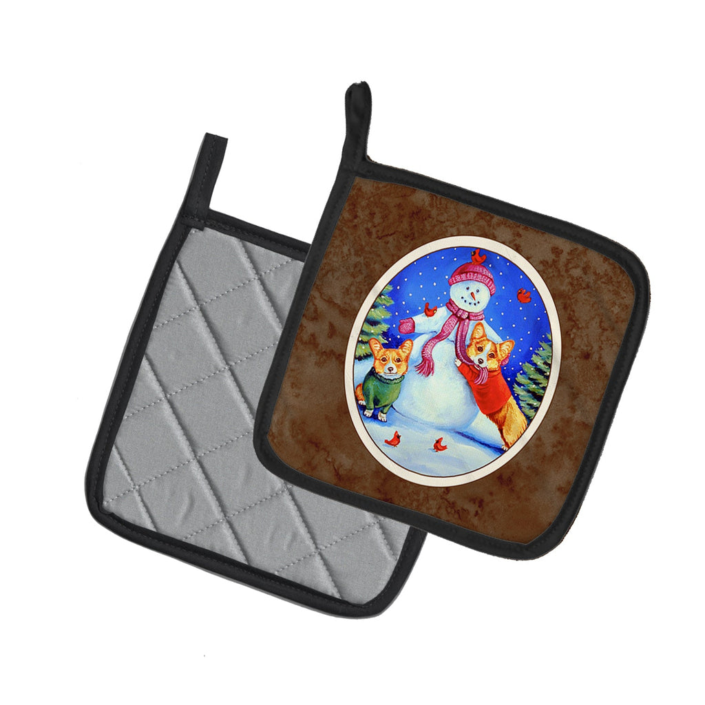 Snowman with Corgi Pot Holder Set of 2 Heat Resistant Quilted Hot Pads 7.5 x 7.5 Inch, Insulated Kitchen Trivets for Cooking & Baking