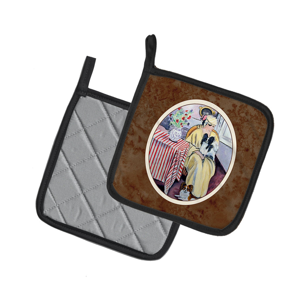 Lady with her Papillon Pot Holder Set of 2 Heat Resistant Quilted Hot Pads 7.5 x 7.5 Inch, Insulated Kitchen Trivets for Cooking & Baking