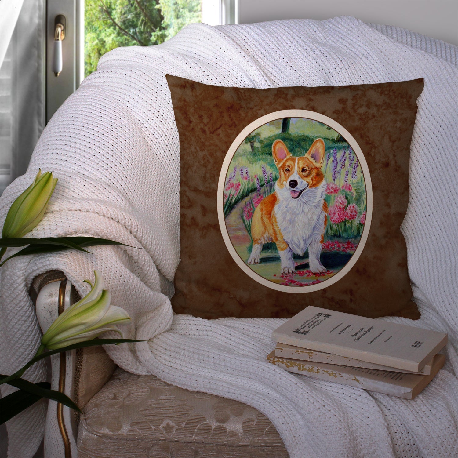 Pembroke Corgi Springtime Decorative Throw Pillow 14x14 Indoor Outdoor Accent Cushion, Fabric Cover with Insert for Sofa, Bed, Porch & Living Room