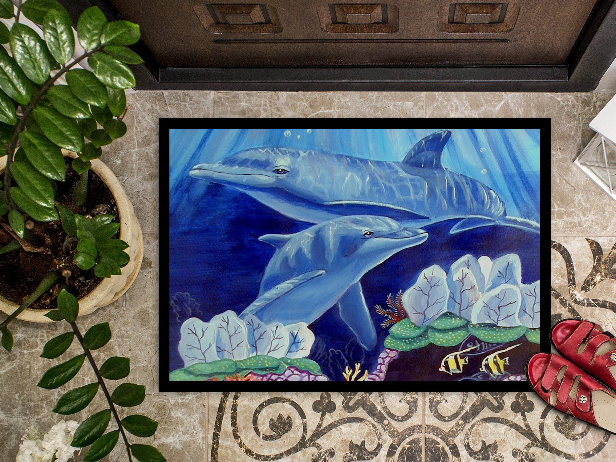 Dolphin under the sea Doormat Indoor Outdoor 24H X 36W Front Door Mat Rugs for Entryway, Non Slip Washable Low Pile,