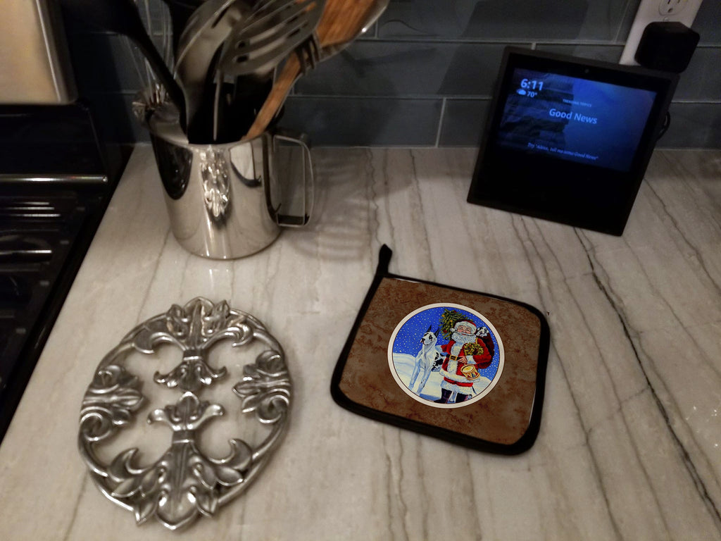 Harlequin Great Dane with Santa Claus Pot Holder Set of 2 Heat Resistant Quilted Hot Pads 7.5 x 7.5 Inch, Insulated Kitchen Trivets for Cooking & Baking