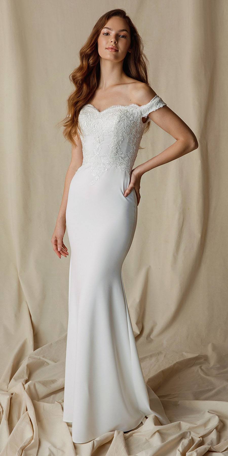 CLEARANCE - Eureka 7100 Lace Appliqued Bodice Long Dress Off-Shoulder (Size S)