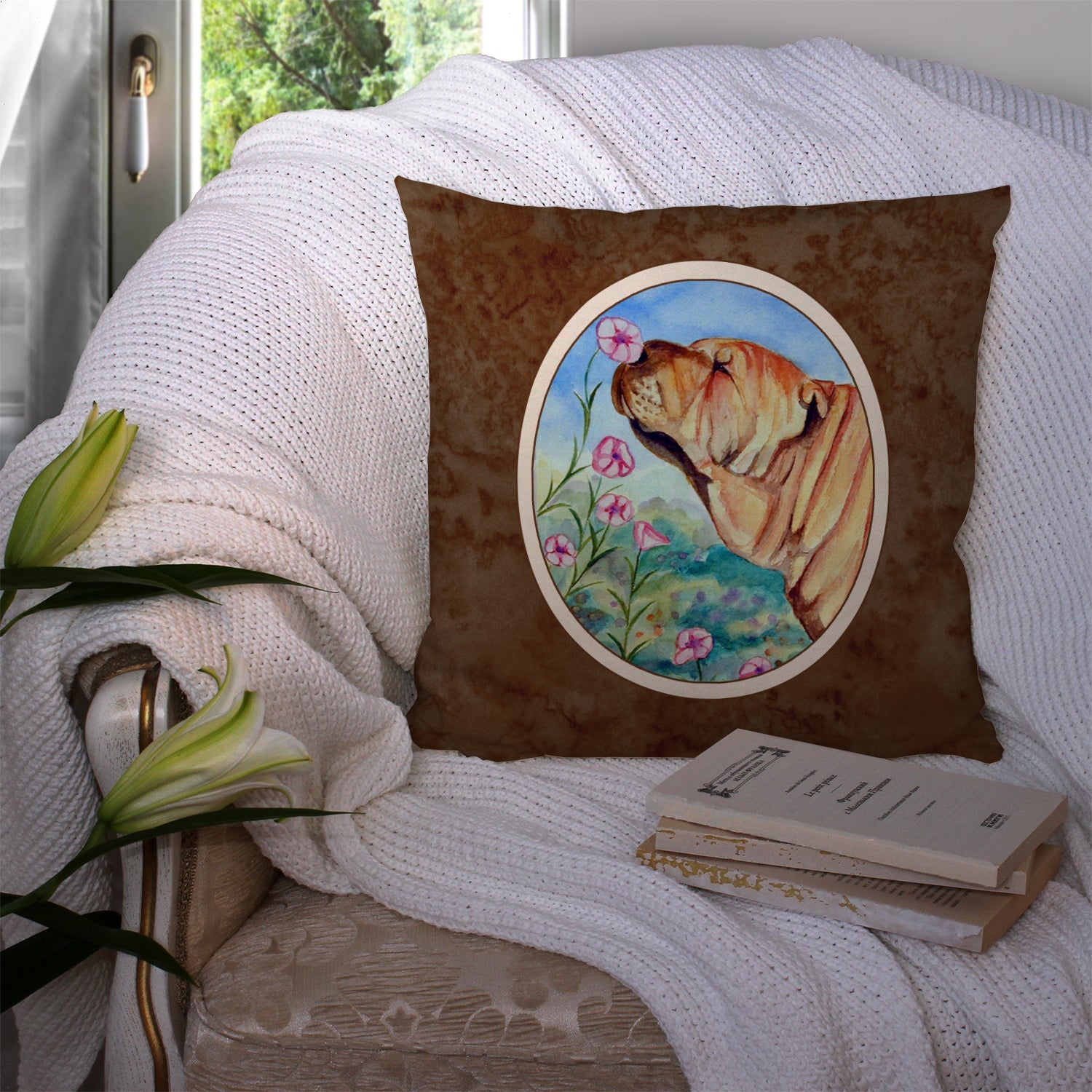 Shar Pei Smell the flowers Decorative Throw Pillow 14x14 Indoor Outdoor Accent Cushion, Fabric Cover with Insert for Sofa, Bed, Porch & Living Room