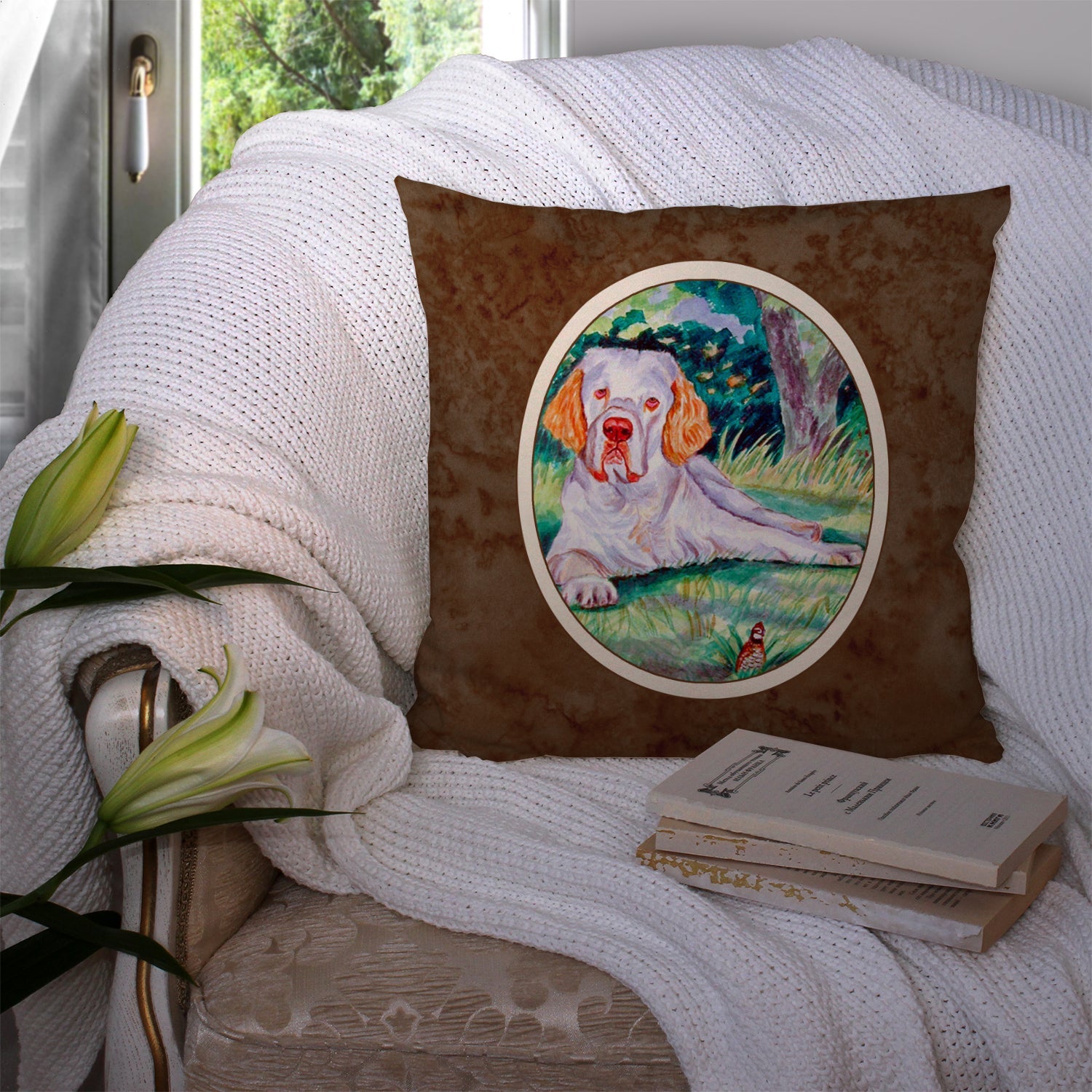 Clumber Spaniel Decorative Throw Pillow 14x14 Indoor Outdoor Accent Cushion, Fabric Cover with Insert for Sofa, Bed, Porch & Living Room