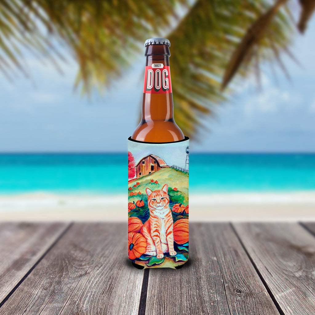 Tabby Cat in Pumpins Slim Can Hugger , Insulated Foam Hugger for 12 oz Slim Cans, Beer Bottles & Water Bottles, Printed in USA