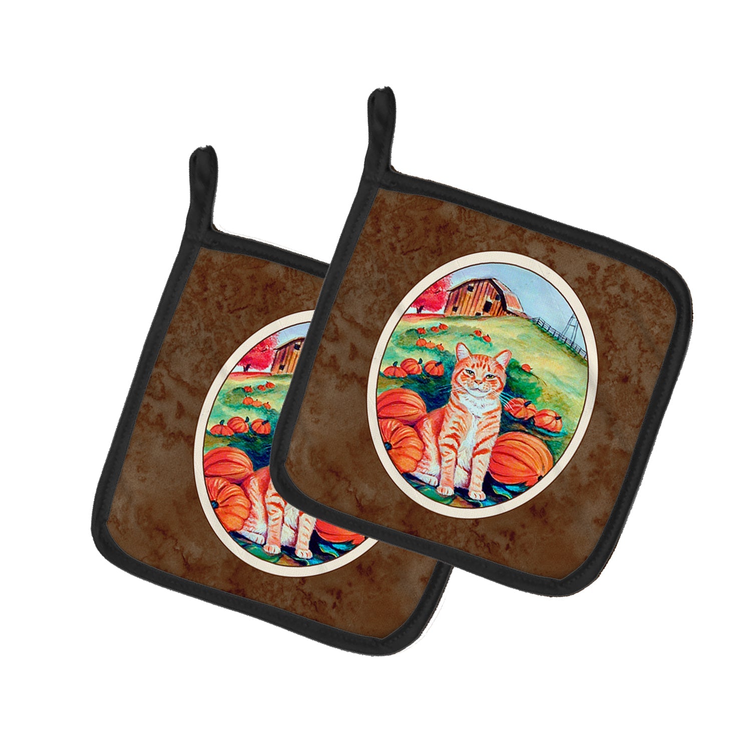 Tabby Cat in Pumpins Pot Holder Set of 2 Heat Resistant Quilted Hot Pads 7.5 x 7.5 Inch, Insulated Kitchen Trivets for Cooking & Baking